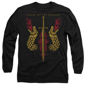 AN OFFCIALLY LICENSED HOUSE OF THE DRAGON SWORD AND DRAGON HEADS MEN'S LONG SLEEVE T-SHIRT BLACK