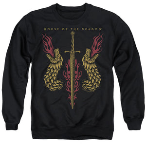 AN OFFCIALLY LICENSED HOUSE OF THE DRAGON SWORD AND DRAGON HEADS ADULT UNISEX CREWNECK SWEATSHIRT BLACK