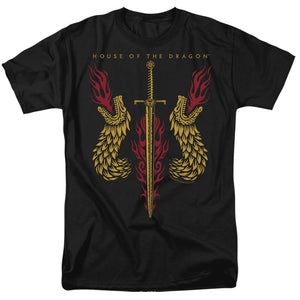 AN OFFCIALLY LICENSED HOUSE OF THE DRAGON SWORD AND DRAGON HEADS MEN'S REGULAR FIT T-SHIRT BLACK