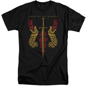 AN OFFCIALLY LICENSED HOUSE OF THE DRAGON SWORD AND DRAGON HEADS MEN'S TALL FIT T-SHIRT BLACK