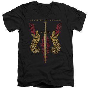 AN OFFCIALLY LICENSED HOUSE OF THE DRAGON SWORD AND DRAGON HEADS MEN'S V-NECK T-SHIRT BLACK