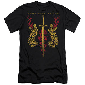 AN OFFCIALLY LICENSED HOUSE OF THE DRAGON SWORD AND DRAGON HEADS MEN'S PREMIUM SLIM FIT T-SHIRT BLACK