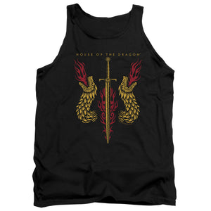 AN OFFCIALLY LICENSED HOUSE OF THE DRAGON SWORD AND DRAGON HEADS ADULT UNISEX TANK TOP BLACK
