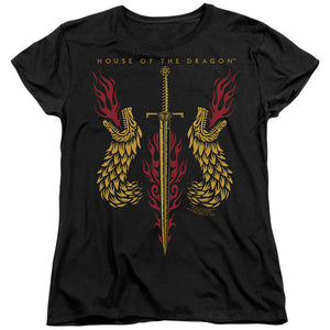 AN OFFCIALLY LICENSED HOUSE OF THE DRAGON SWORD AND DRAGON HEADS WOMEN'S REGULAR FIT T-SHIRT BLACK