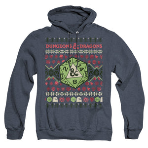 AN OFFCIALLY LICENSED DUNGEONS AND DRAGONS 20-SIDED DICE UGLY CHRISTMAS ADULT UNISEX HEATHER PULLOVER HOODIE NAVY