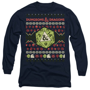 AN OFFCIALLY LICENSED DUNGEONS AND DRAGONS 20-SIDED DICE UGLY CHRISTMAS MEN'S LONG SLEEVE T-SHIRT NAVY