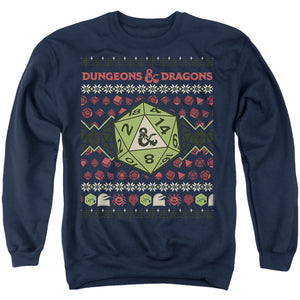 AN OFFCIALLY LICENSED DUNGEONS AND DRAGONS 20-SIDED DICE UGLY CHRISTMAS ADULT UNISEX CREWNECK SWEATSHIRT NAVY