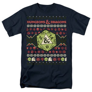 AN OFFCIALLY LICENSED DUNGEONS AND DRAGONS 20-SIDED DICE UGLY CHRISTMAS MEN'S REGULAR FIT T-SHIRT NAVY