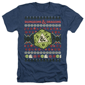 AN OFFCIALLY LICENSED DUNGEONS AND DRAGONS 20-SIDED DICE UGLY CHRISTMAS MEN'S HEATHER T-SHIRT NAVY