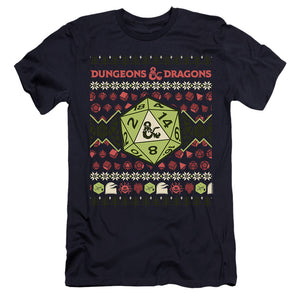 AN OFFCIALLY LICENSED DUNGEONS AND DRAGONS 20-SIDED DICE UGLY CHRISTMAS MEN'S PREMIUM SLIM FIT T-SHIRT NAVY
