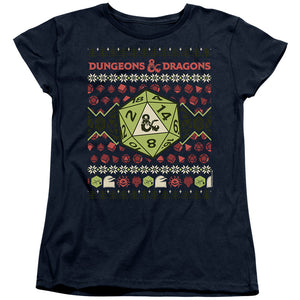 AN OFFCIALLY LICENSED DUNGEONS AND DRAGONS 20-SIDED DICE UGLY CHRISTMAS WOMEN'S REGULAR FIT T-SHIRT NAVY