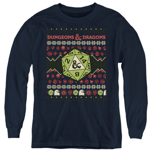 AN OFFCIALLY LICENSED DUNGEONS AND DRAGONS 20-SIDED DICE UGLY CHRISTMAS YOUTH LONG SLEEVE T-SHIRT NAVY