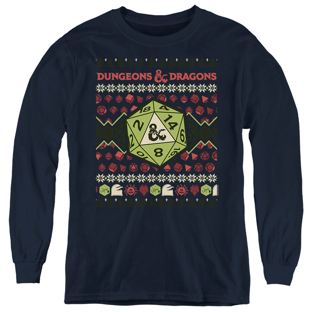AN OFFCIALLY LICENSED DUNGEONS AND DRAGONS 20-SIDED DICE UGLY CHRISTMAS YOUTH LONG SLEEVE T-SHIRT NAVY