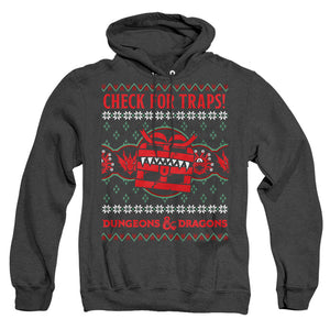 AN OFFCIALLY LICENSED DUNGEONS AND DRAGONS CHECK FOR TRAPS UGLY CHRISTMAS ADULT UNISEX HEATHER PULLOVER HOODIE BLACK