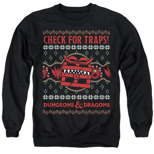 AN OFFCIALLY LICENSED DUNGEONS AND DRAGONS CHECK FOR TRAPS UGLY CHRISTMAS ADULT UNISEX CREWNECK SWEATSHIRT BLACK