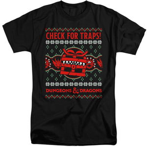 AN OFFCIALLY LICENSED DUNGEONS AND DRAGONS CHECK FOR TRAPS UGLY CHRISTMAS MEN'S TALL FIT T-SHIRT BLACK