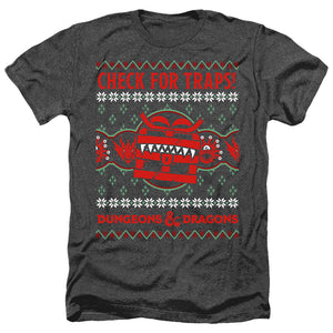 AN OFFCIALLY LICENSED DUNGEONS AND DRAGONS CHECK FOR TRAPS UGLY CHRISTMAS MEN'S HEATHER T-SHIRT CHARCOAL