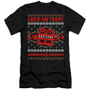 AN OFFCIALLY LICENSED DUNGEONS AND DRAGONS CHECK FOR TRAPS UGLY CHRISTMAS MEN'S PREMIUM SLIM FIT T-SHIRT BLACK