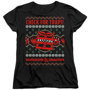 AN OFFCIALLY LICENSED DUNGEONS AND DRAGONS CHECK FOR TRAPS UGLY CHRISTMAS WOMEN'S REGULAR FIT T-SHIRT BLACK