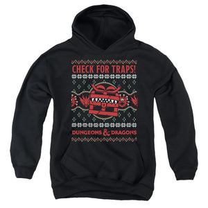 AN OFFCIALLY LICENSED DUNGEONS AND DRAGONS CHECK FOR TRAPS UGLY CHRISTMAS YOUTH HOODIE BLACK