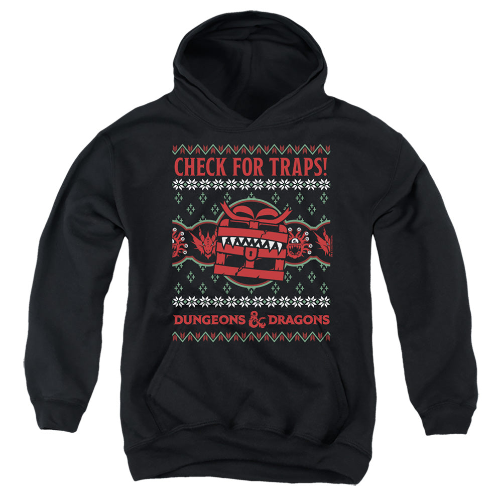 AN OFFCIALLY LICENSED DUNGEONS AND DRAGONS CHECK FOR TRAPS UGLY CHRISTMAS YOUTH HOODIE BLACK