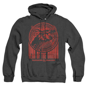 AN OFFCIALLY LICENSED DUNGEONS AND DRAGONS YEAR OF THE DRAGON STREET RED ADULT UNISEX HEATHER PULLOVER HOODIE BLACK