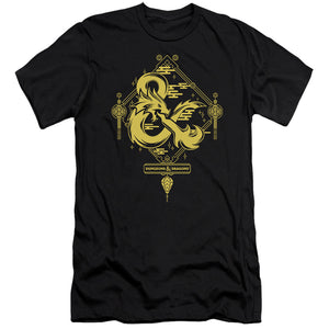 AN OFFCIALLY LICENSED DUNGEONS AND DRAGONS YEAR OF THE DRAGON GOLD LOGO MEN'S PREMIUM SLIM FIT T-SHIRT BLACK