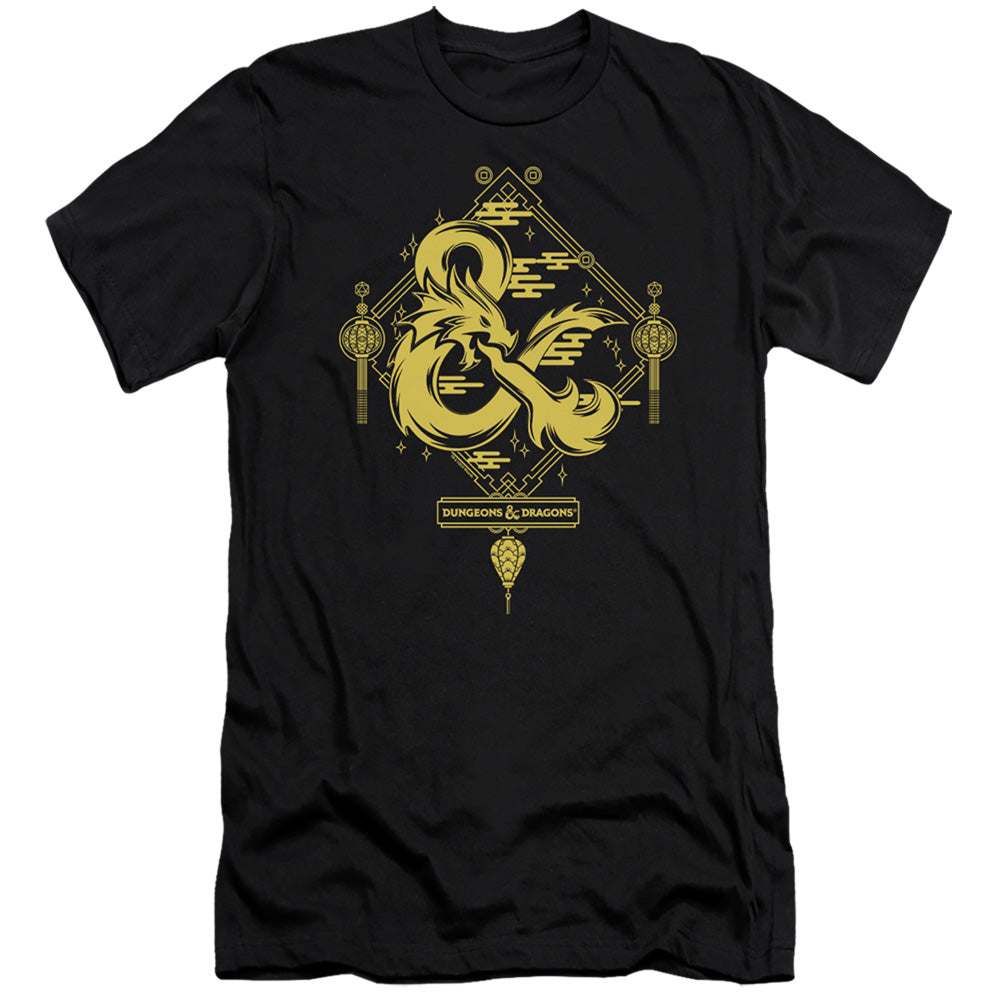 AN OFFCIALLY LICENSED DUNGEONS AND DRAGONS YEAR OF THE DRAGON GOLD LOGO MEN'S PREMIUM SLIM FIT T-SHIRT BLACK