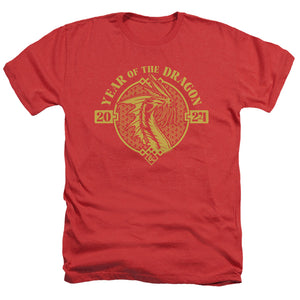 AN OFFCIALLY LICENSED DUNGEONS AND DRAGONS YEAR OF THE DRAGON GOLD BEAST MEN'S HEATHER T-SHIRT RED