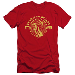 AN OFFCIALLY LICENSED DUNGEONS AND DRAGONS YEAR OF THE DRAGON GOLD BEAST MEN'S PREMIUM SLIM FIT T-SHIRT RED