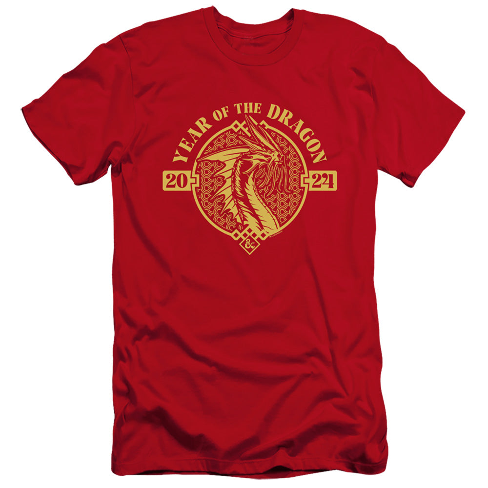 AN OFFCIALLY LICENSED DUNGEONS AND DRAGONS YEAR OF THE DRAGON GOLD BEAST MEN'S PREMIUM SLIM FIT T-SHIRT RED