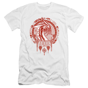 AN OFFCIALLY LICENSED DUNGEONS AND DRAGONS YEAR OF THE DRAGON BEAST IN THE CLOUDS MEN'S PREMIUM SLIM FIT T-SHIRT WHITE