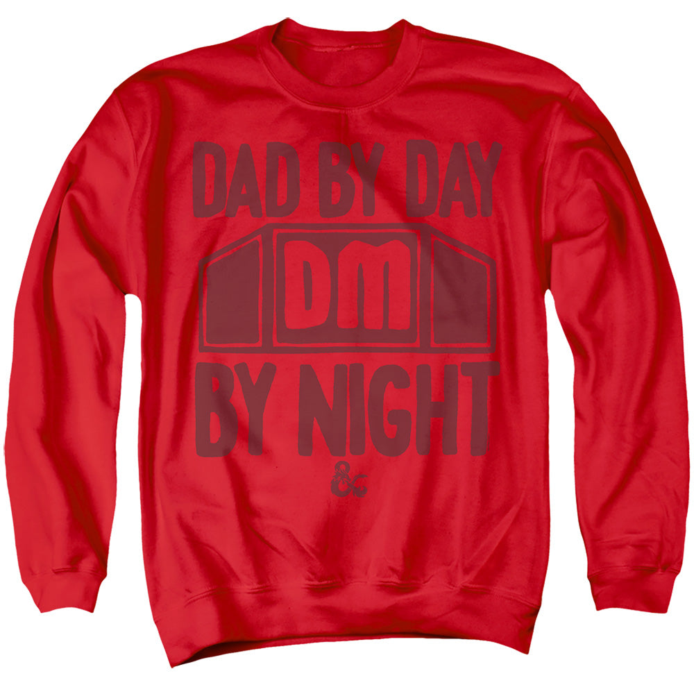 AN OFFCIALLY LICENSED DUNGEONS AND DRAGONS DADDY BY DAY, DM BY NIGHT ADULT UNISEX CREWNECK SWEATSHIRT RED
