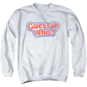 AN OFFCIALLY LICENSED GUESS WHO GUESS WHO DISTRESSED LOGO ADULT UNISEX CREWNECK SWEATSHIRT WHITE