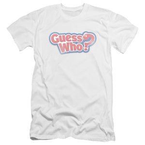 AN OFFCIALLY LICENSED GUESS WHO GUESS WHO DISTRESSED LOGO MEN'S PREMIUM SLIM FIT T-SHIRT WHITE