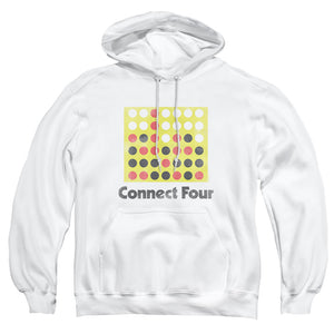 AN OFFCIALLY LICENSED CONNECT FOUR CLASSIC LOGO DISTRESSED ADULT UNISEX PULLOVER HOODIE WHITE