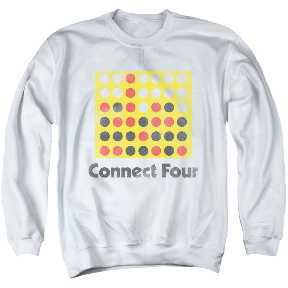 AN OFFCIALLY LICENSED CONNECT FOUR CLASSIC LOGO DISTRESSED ADULT UNISEX CREWNECK SWEATSHIRT WHITE