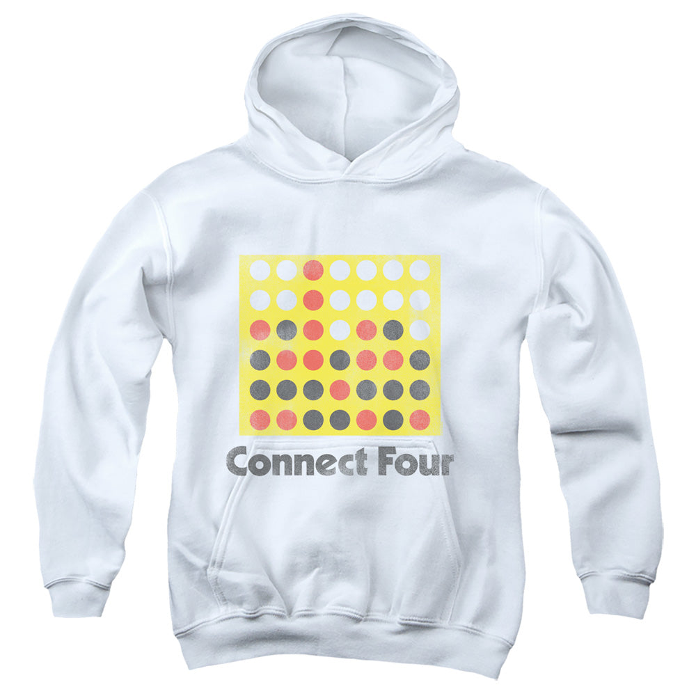 AN OFFCIALLY LICENSED CONNECT FOUR CLASSIC LOGO DISTRESSED YOUTH HOODIE WHITE