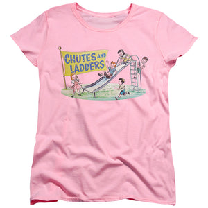 AN OFFCIALLY LICENSED CHUTES AND LADDERS OLD SCHOOL WOMEN'S REGULAR FIT T-SHIRT PINK