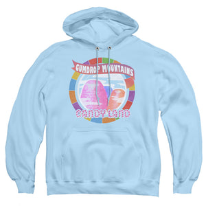AN OFFCIALLY LICENSED CANDY LAND GUMDROP MOUNTAINS ADULT UNISEX PULLOVER HOODIE LIGHT BLUE