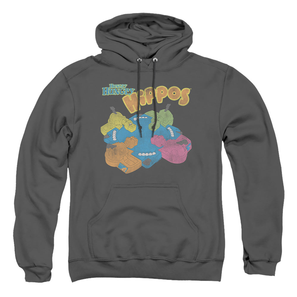AN OFFCIALLY LICENSED HUNGRY HUNGRY HIPPOS READY TO PLAY ADULT UNISEX PULLOVER HOODIE CHARCOAL