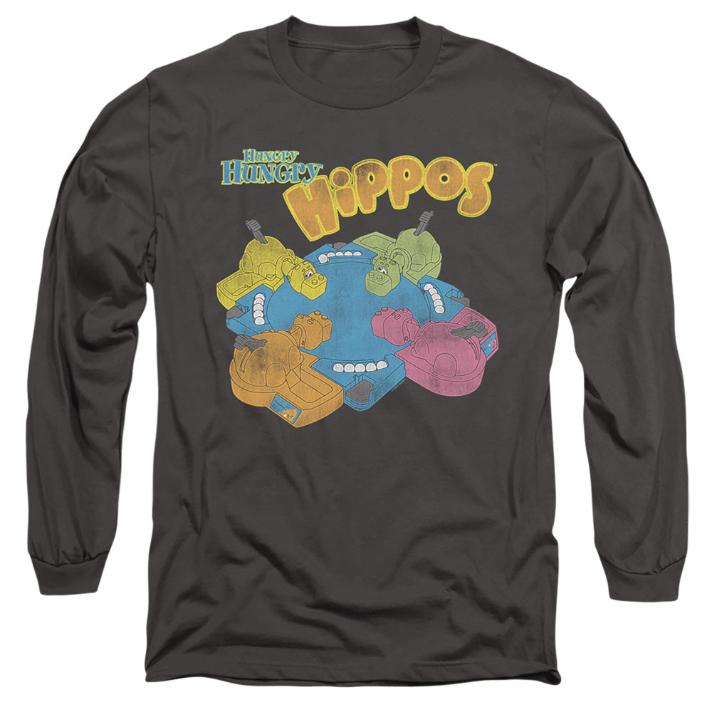 AN OFFCIALLY LICENSED HUNGRY HUNGRY HIPPOS READY TO PLAY MEN'S LONG SLEEVE T-SHIRT CHARCOAL