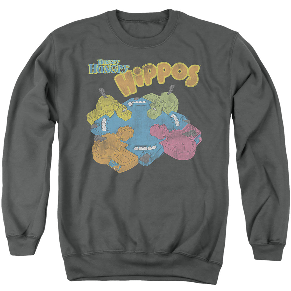AN OFFCIALLY LICENSED HUNGRY HUNGRY HIPPOS READY TO PLAY ADULT UNISEX CREWNECK SWEATSHIRT CHARCOAL