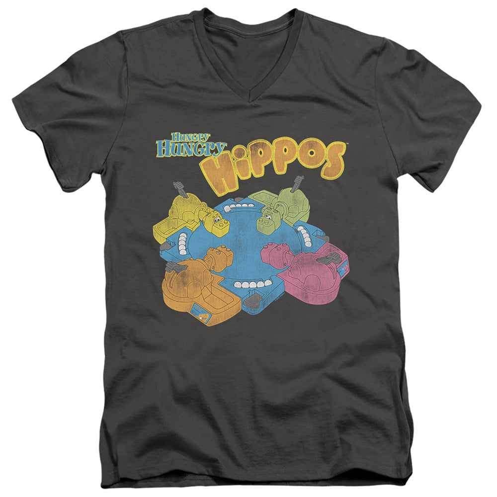 AN OFFCIALLY LICENSED HUNGRY HUNGRY HIPPOS READY TO PLAY MEN'S V-NECK T-SHIRT CHARCOAL