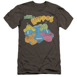AN OFFCIALLY LICENSED HUNGRY HUNGRY HIPPOS READY TO PLAY MEN'S PREMIUM SLIM FIT T-SHIRT CHARCOAL
