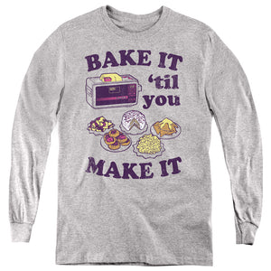 AN OFFCIALLY LICENSED EASY BAKE OVEN BAKE IT TIL YOU MAKE IT YOUTH LONG SLEEVE T-SHIRT ATHLETIC HEATHER