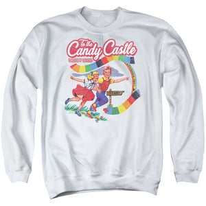 AN OFFCIALLY LICENSED CANDY LAND TO THE CANDY CASTLE ADULT UNISEX CREWNECK SWEATSHIRT WHITE