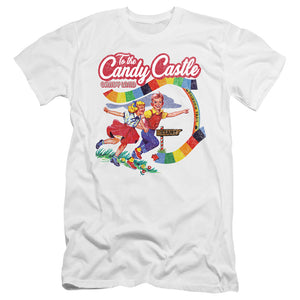 AN OFFCIALLY LICENSED CANDY LAND TO THE CANDY CASTLE MEN'S PREMIUM SLIM FIT T-SHIRT WHITE
