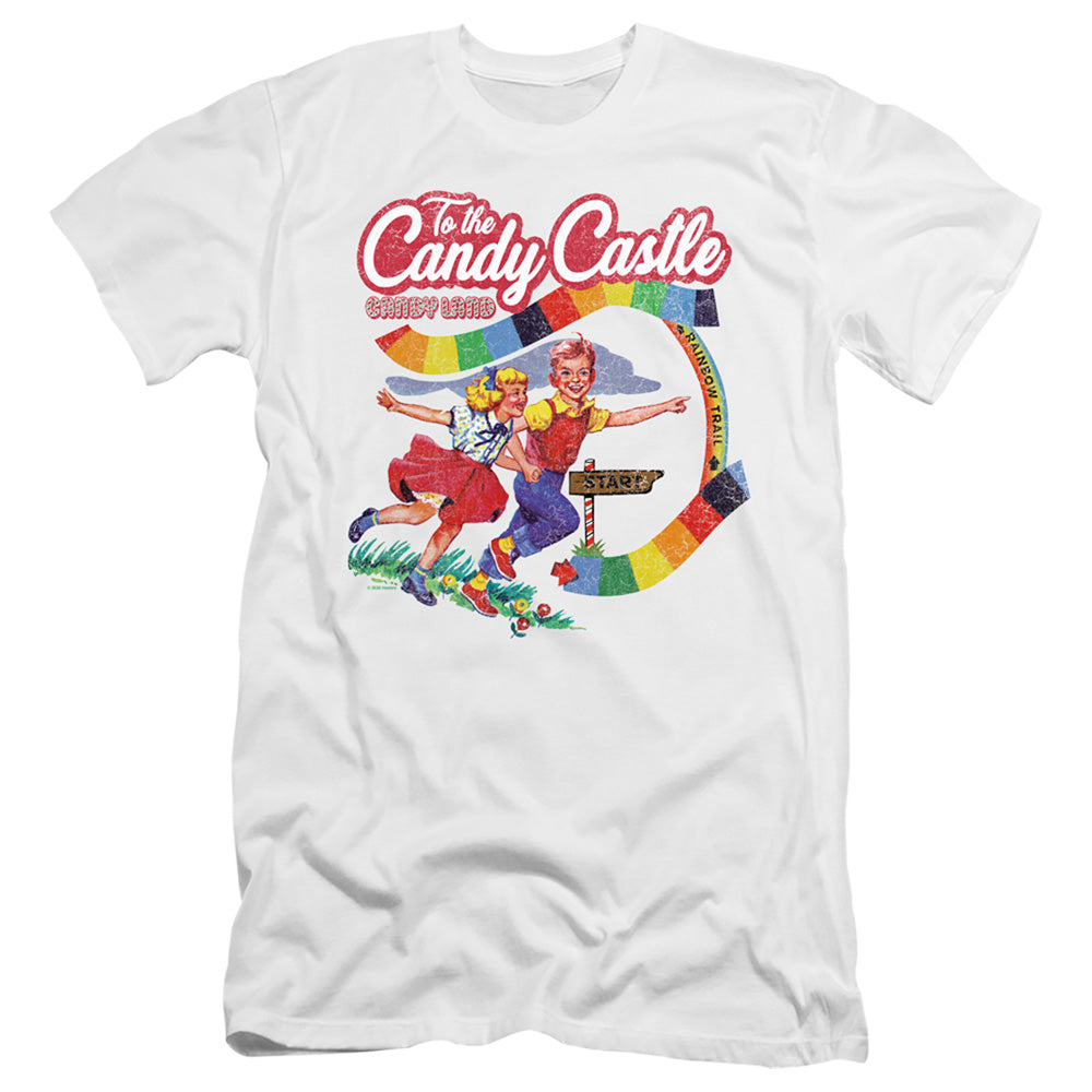 AN OFFCIALLY LICENSED CANDY LAND TO THE CANDY CASTLE MEN'S PREMIUM SLIM FIT T-SHIRT WHITE