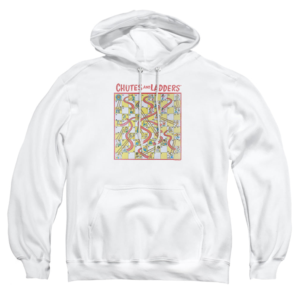 AN OFFCIALLY LICENSED CHUTES AND LADDERS 79 GAME BOARD ADULT UNISEX PULLOVER HOODIE WHITE